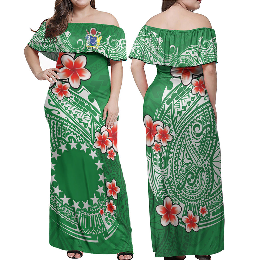 Cook Islands Combo Off Shoulder Long Dress And Shirt Plumeria Flowers Tribal Motif Design
