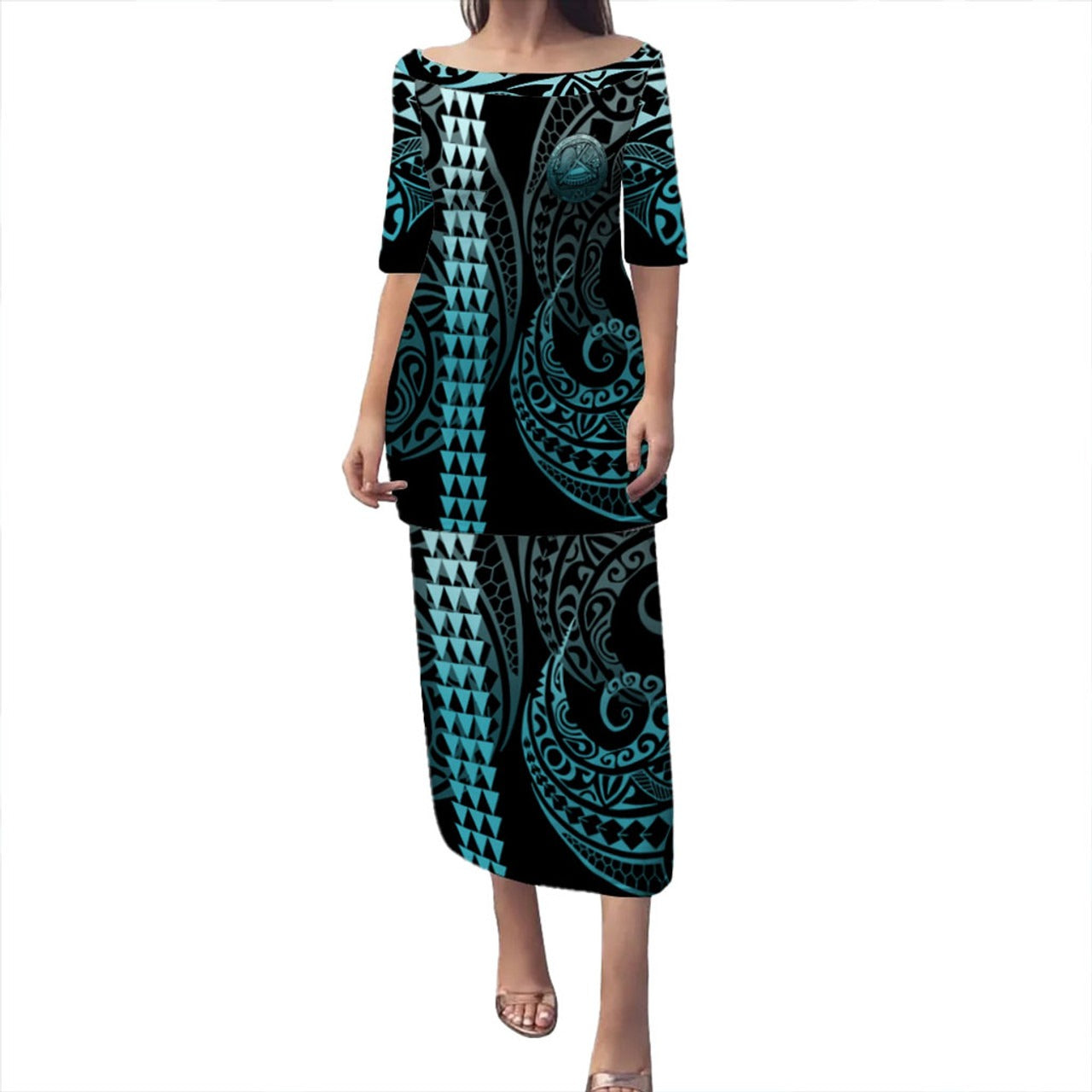 American Samoa Combo Puletasi And Shirt Kakau Style Turquoise