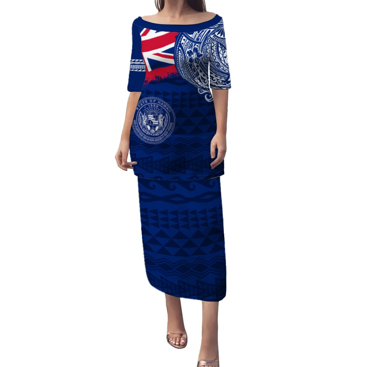 Hawaii Combo Puletasi And Shirt Polynesian Flag With Coat Of Arms