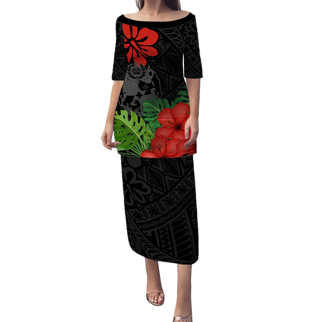 Tonga Combo Puletasi And Shirt Coat Of Arms Polynesian Hibiscus