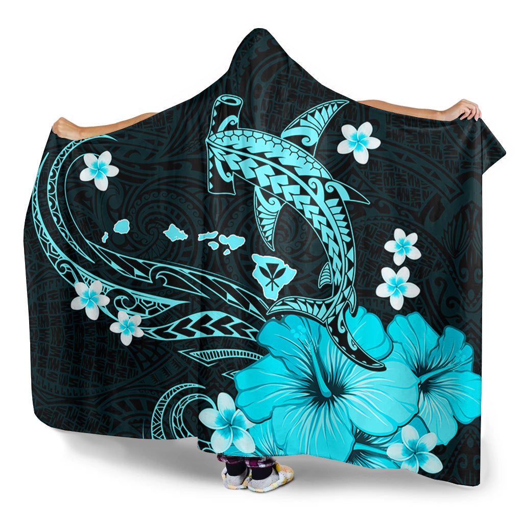 Hawaii Hooded Blanket Kanaka Map And Shark Tribal Tattoo Turquoise