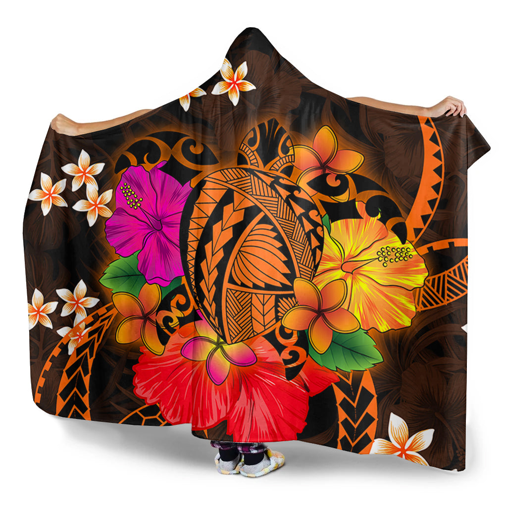 Hawaii Hooded Blanket Polynesia Tribal Turtle Tropical Flower