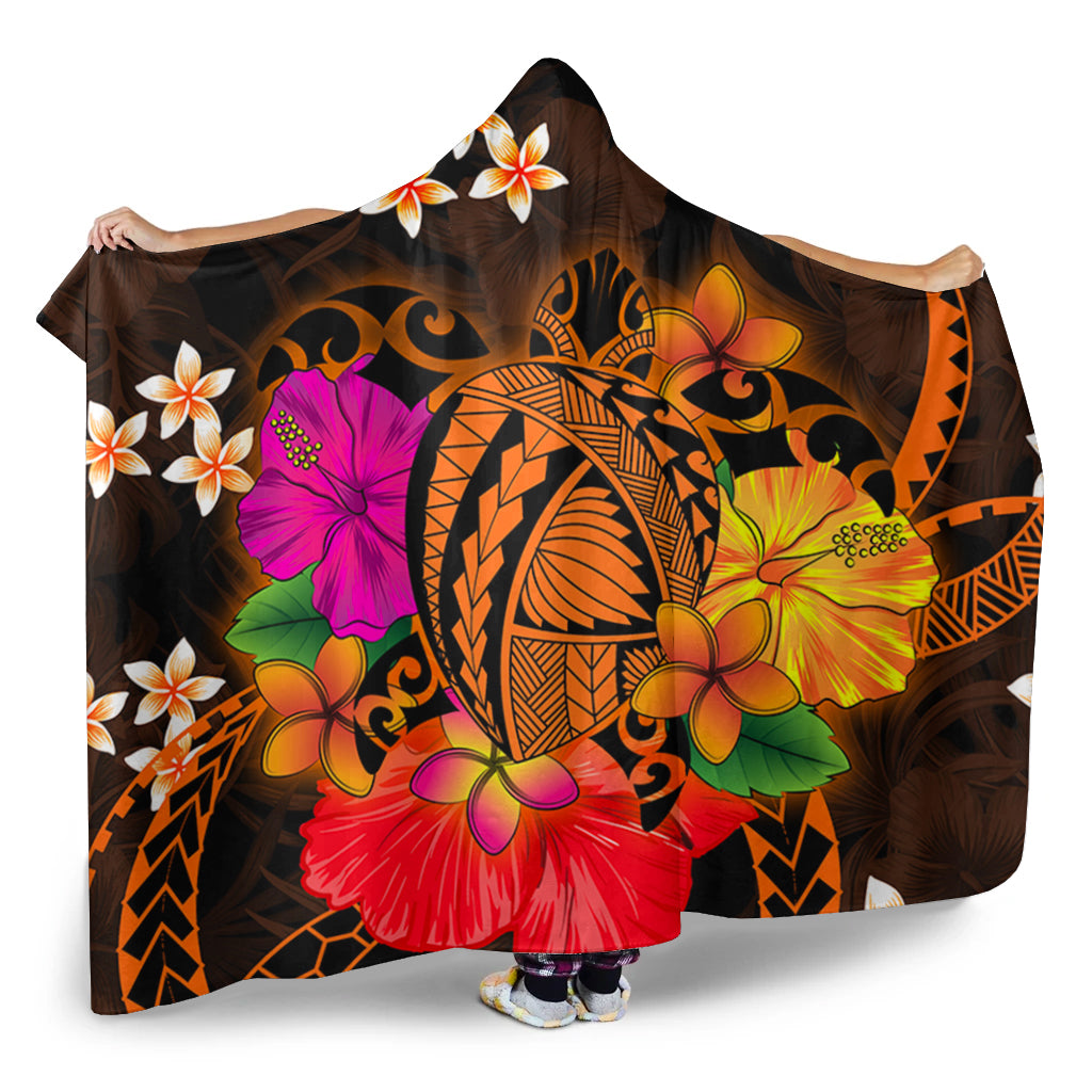 Hawaii Hooded Blanket Polynesia Tribal Turtle Tropical Flower