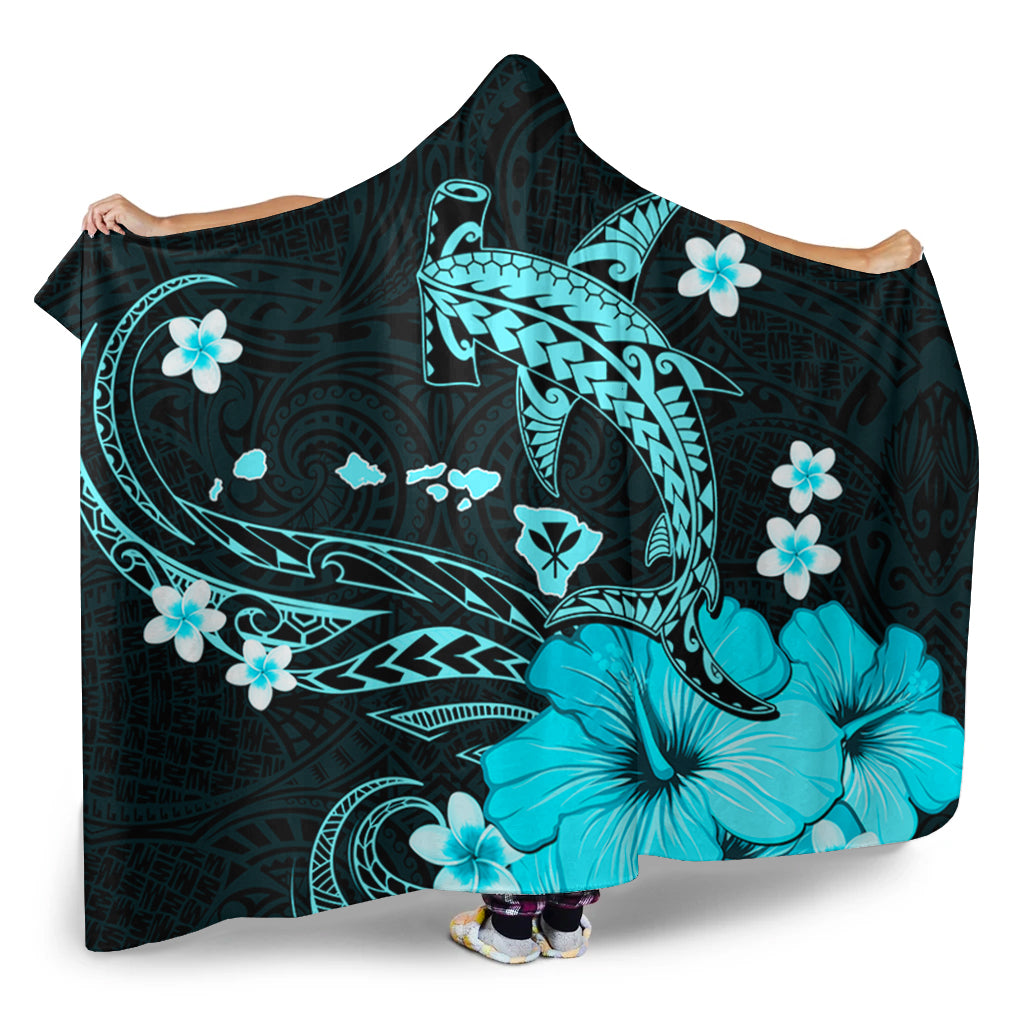 Hawaii Hooded Blanket Kanaka Map And Shark Tribal Tattoo Turquoise