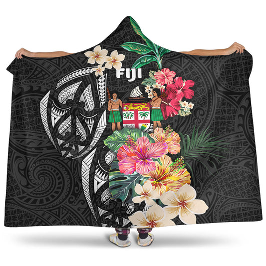 Fiji Hooded Blanket Coat Of Arms Polynesian With Hibiscus
