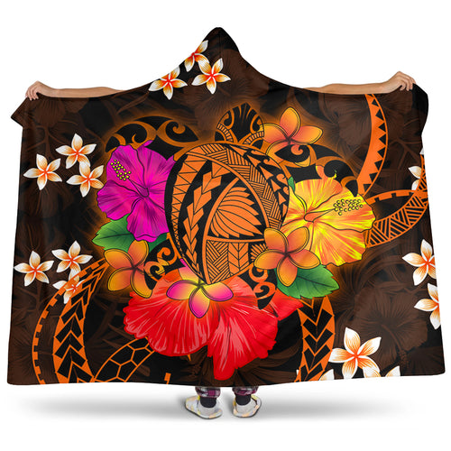 Hawaii Hooded Blanket Polynesia Tribal Turtle Tropical Flower