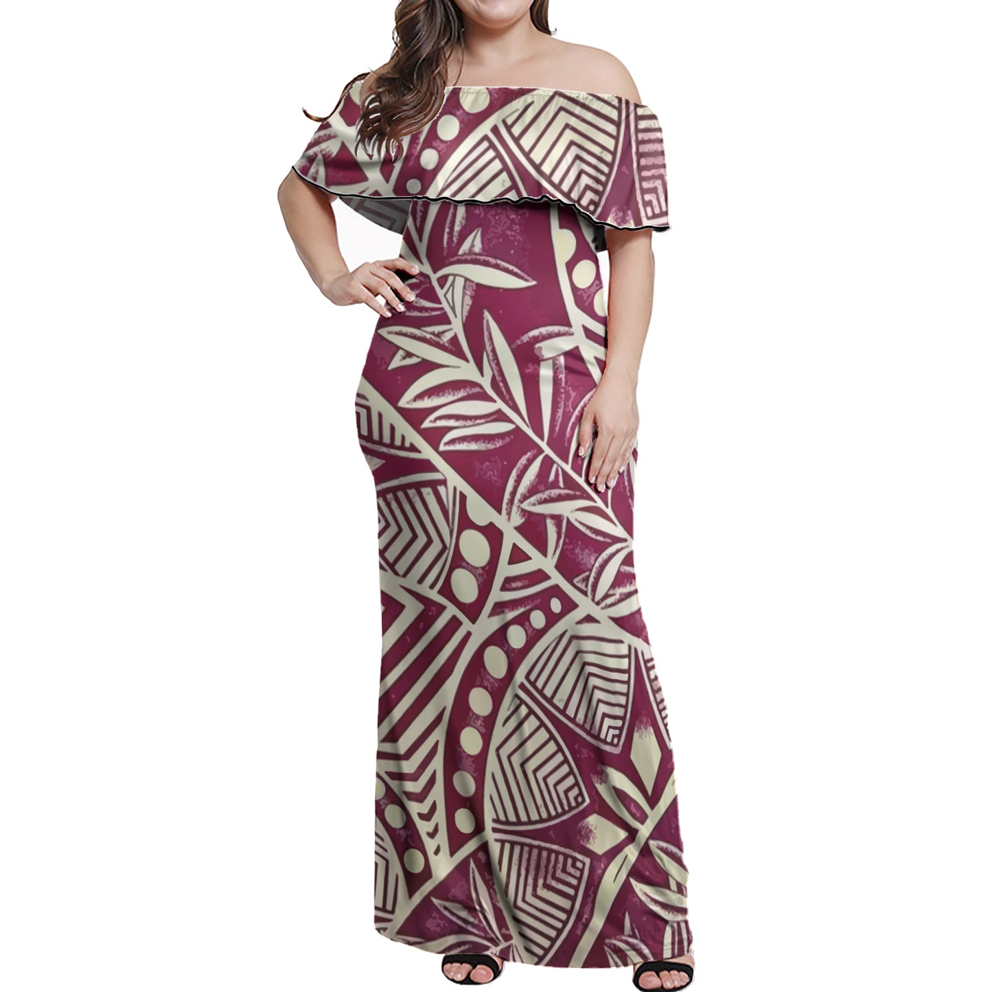 Polynesian Woman Off Shoulder Long Dress - Polynesian Pattern 12