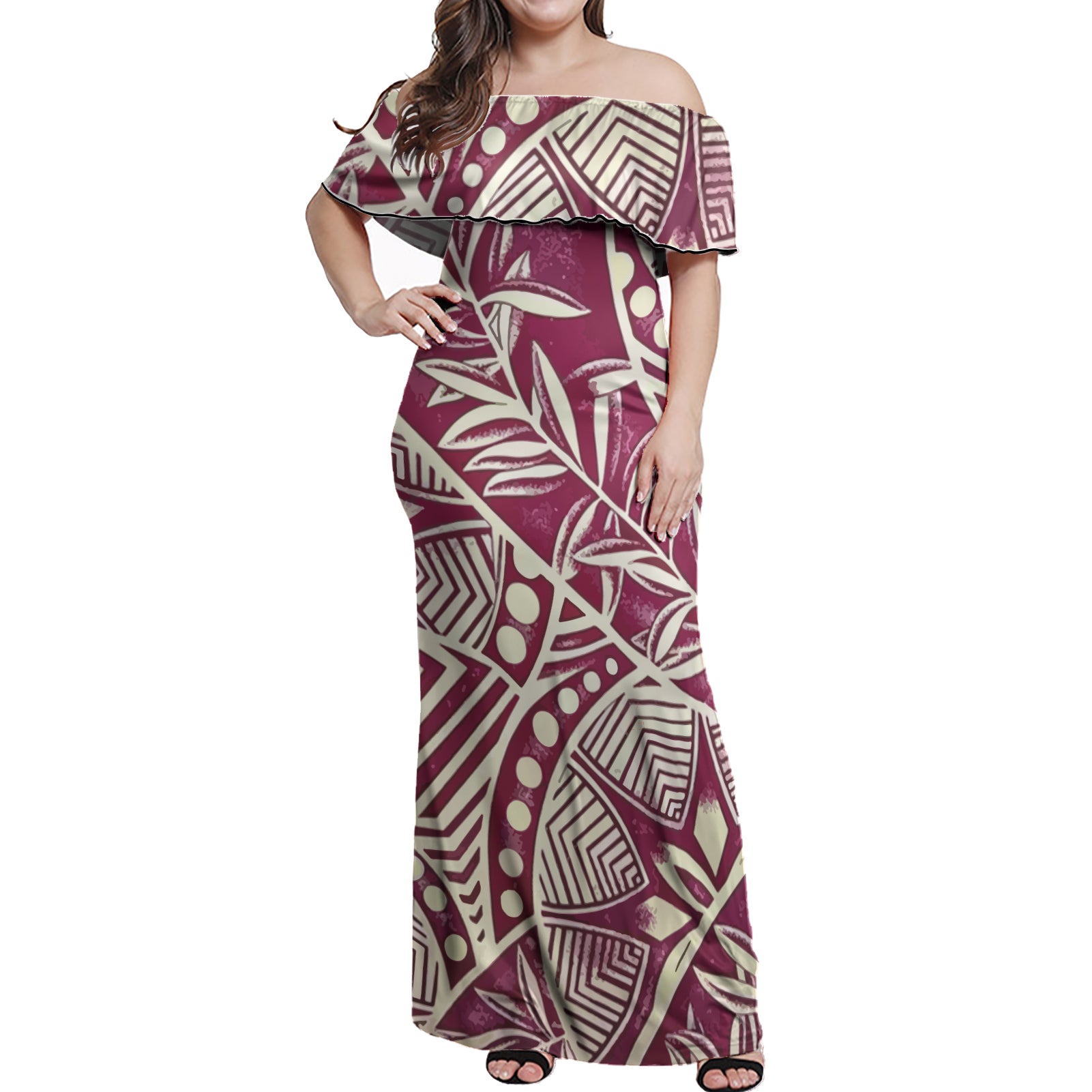 Polynesian Woman Off Shoulder Long Dress - Polynesian Pattern 12