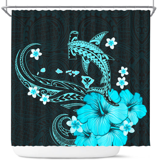 Hawaii Shower Curtain Kanaka Map And Shark Tribal Tattoo Turquoise