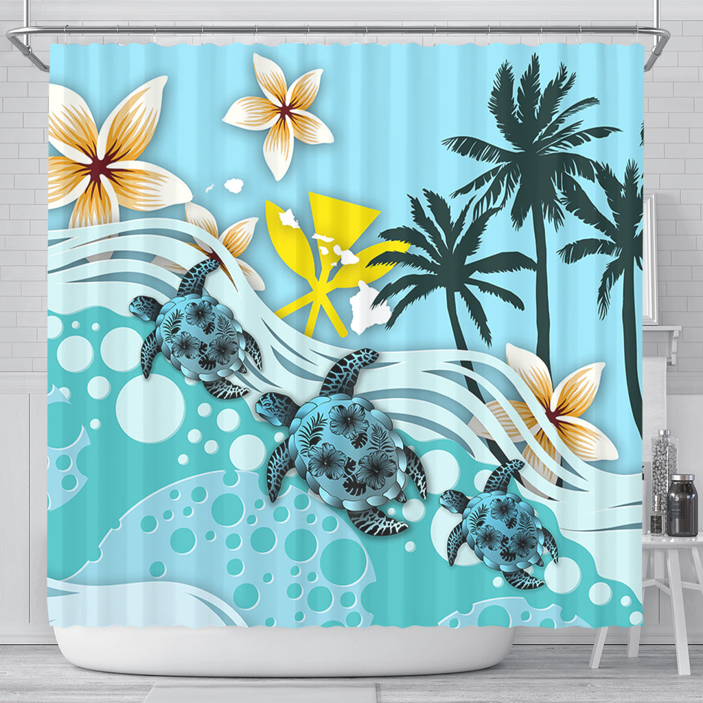 Hawaii Shower Curtain Kanaka Maoli Turte Blue Hibiscus