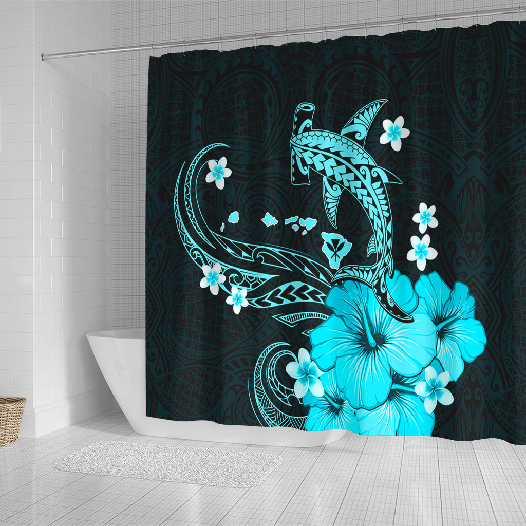 Hawaii Shower Curtain Kanaka Map And Shark Tribal Tattoo Turquoise