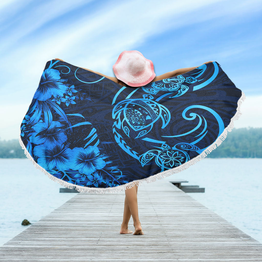 Hawaii Beach Blanket Hibiscus Flower And Map On The Back Turtle