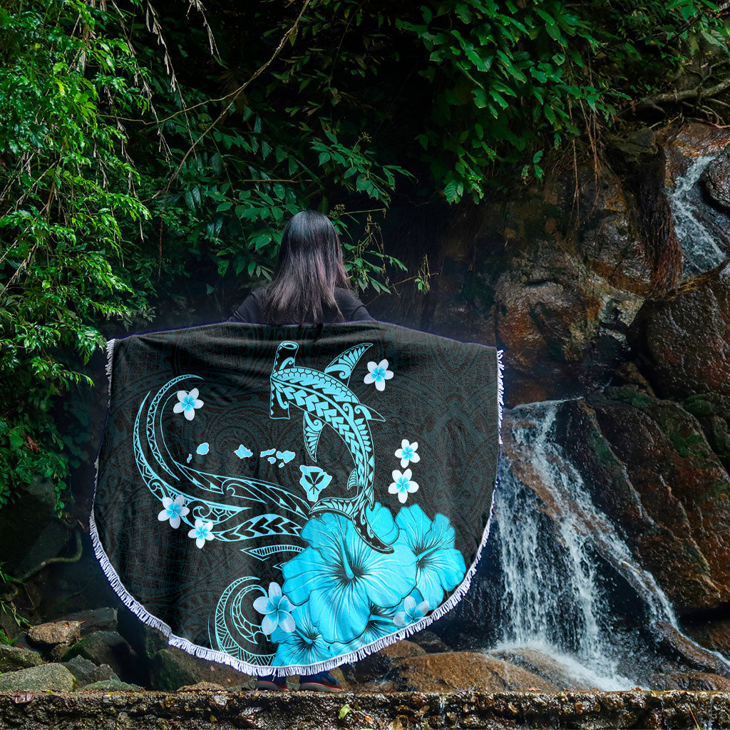 Hawaii Beach Blanket Kanaka Map And Shark Tribal Tattoo Turquoise