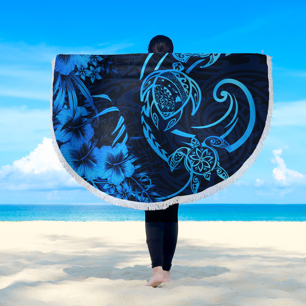 Hawaii Beach Blanket Hibiscus Flower And Map On The Back Turtle
