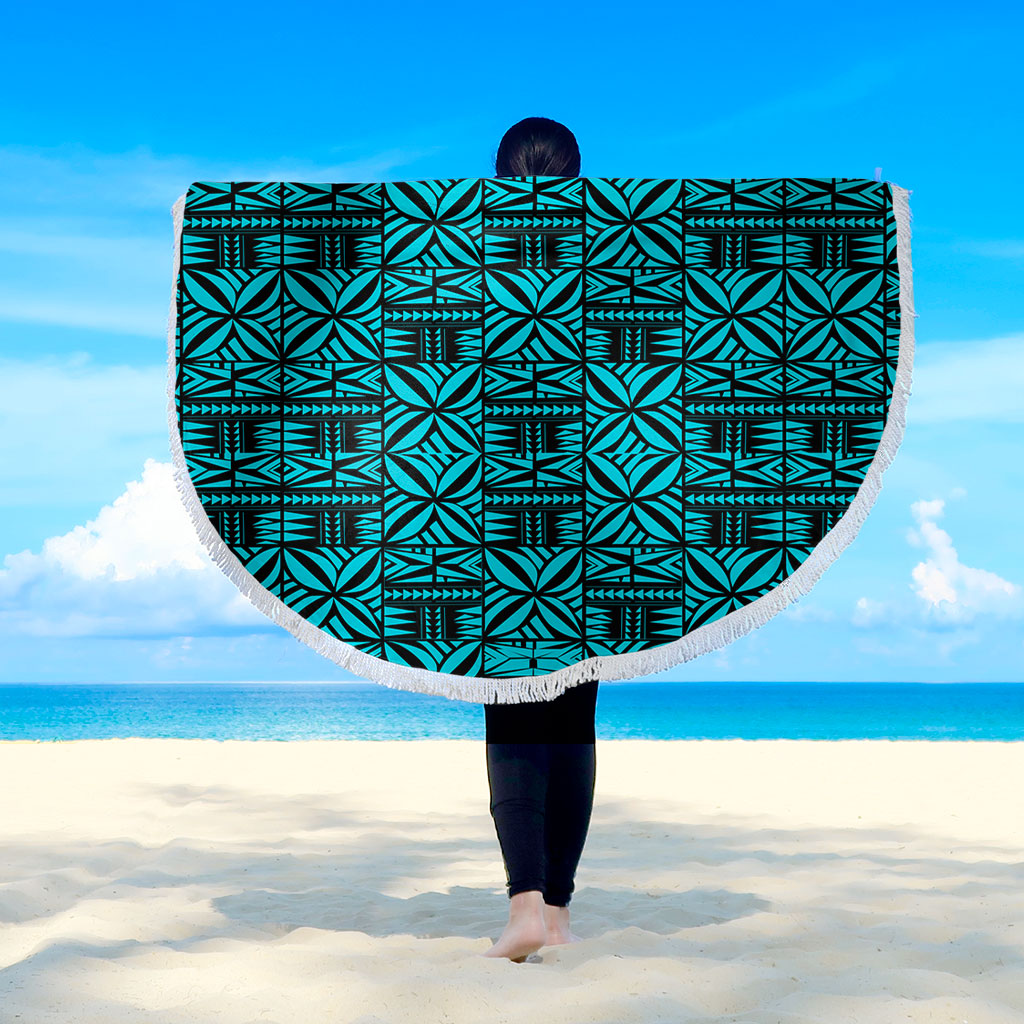 Samoa Beach Blanket Design Stretch Print Fabric Turquoise