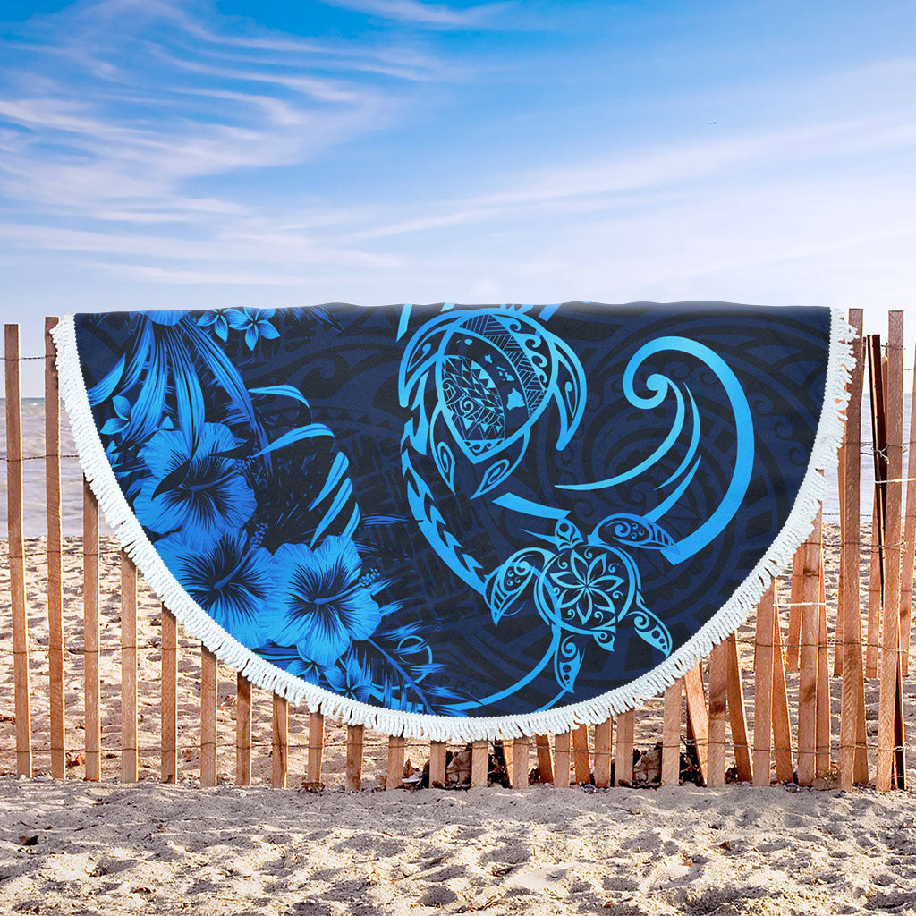 Hawaii Beach Blanket Hibiscus Flower And Map On The Back Turtle