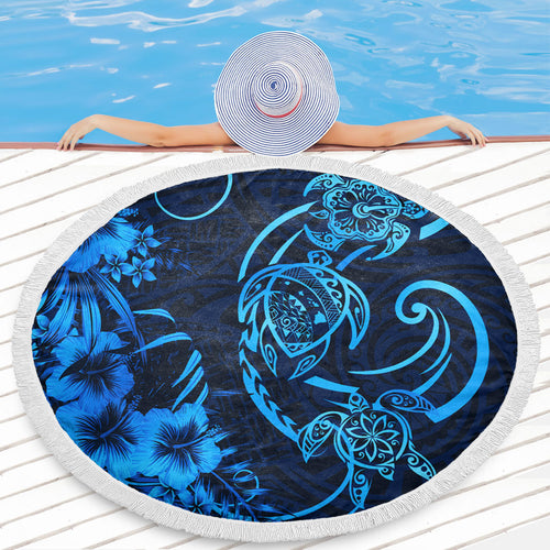 Hawaii Beach Blanket Hibiscus Flower And Map On The Back Turtle