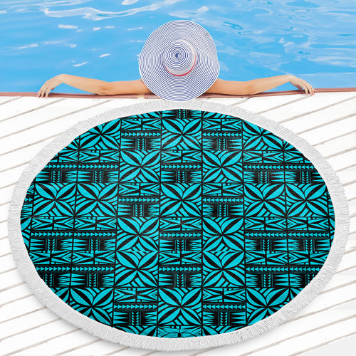 Samoa Beach Blanket Design Stretch Print Fabric Turquoise