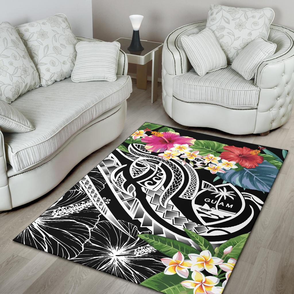 Guam Polynesian Area Rug - Summer Plumeria (Black)