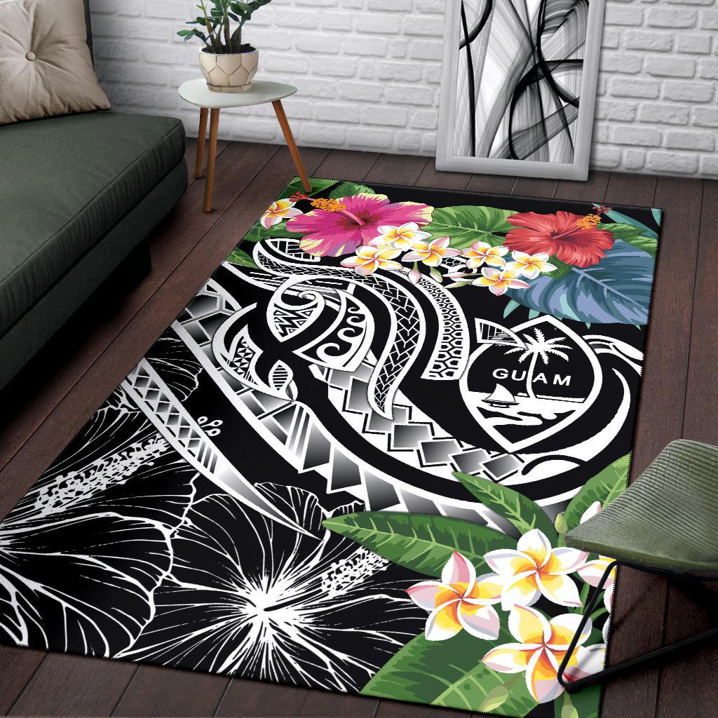 Guam Polynesian Area Rug - Summer Plumeria (Black)