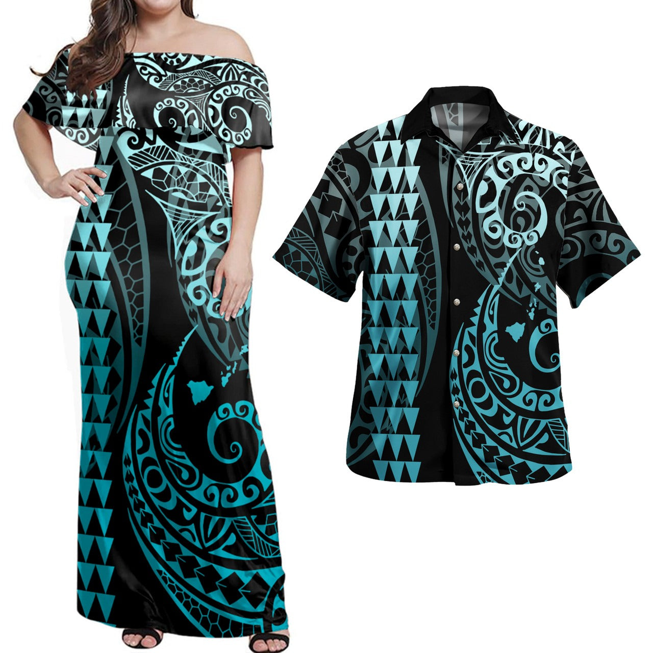 Hawaii Polynesian Combo Dress And Shirt Hawaiian Map Kakau Style Turquoise