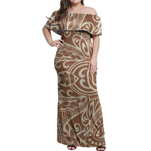 Polynesian Woman Off Shoulder Long Dress - Polynesian Pattern 16
