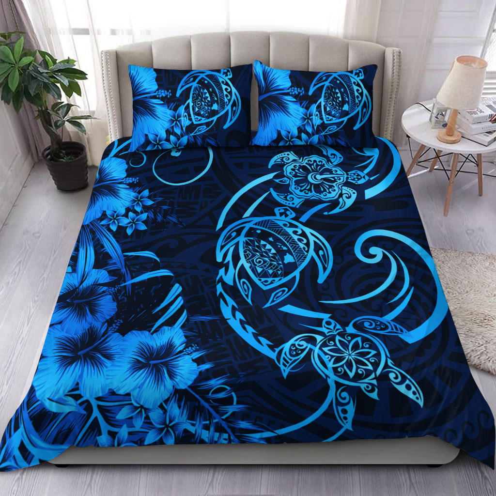 Hawaii Bedding Set Hibiscus Flower And Map On The Back Turtle