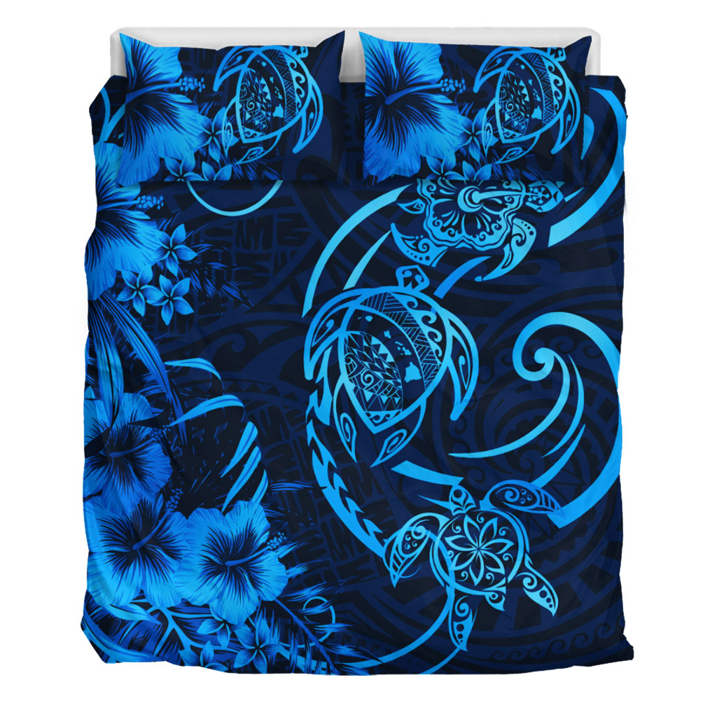 Hawaii Bedding Set Hibiscus Flower And Map On The Back Turtle