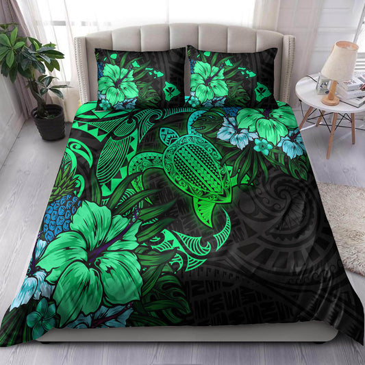 Hawaii Bedding Set - Hawaii Polynesian Turtle Tropical Gardient Green Bedding Set
