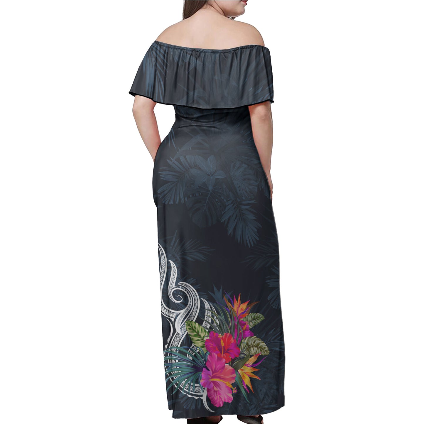 Austral Islands Combo Off Shoulder Long Dress And Shirt Tropical Flower