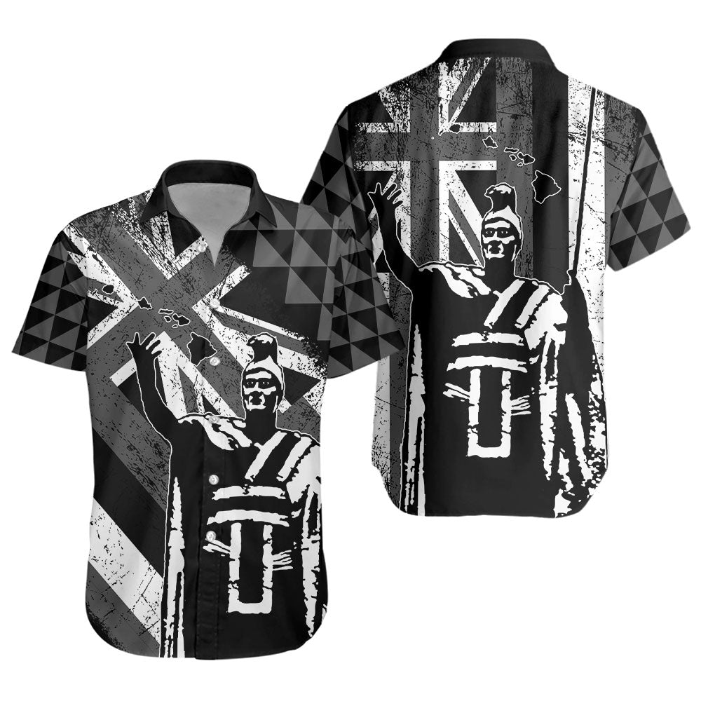 Hawaii Short Sleeve Shirt King Kamehameha Flag Tribal Pride Black White