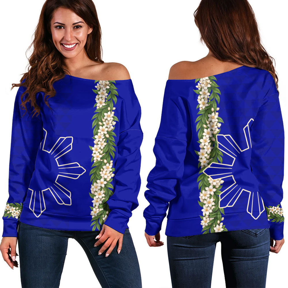 Philippines Filipinos Off Shoulder Sweatshirt Sampaguita Flower Sun Pattern Island Style