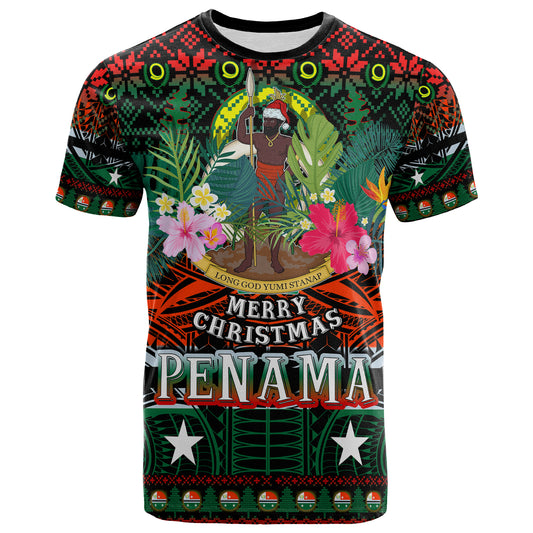 Penama Polynesian Christmas T-Shirt - Custom Penama Vanuatu Coat of Arms Christmas Hat Polynesian Patterns T-Shirt