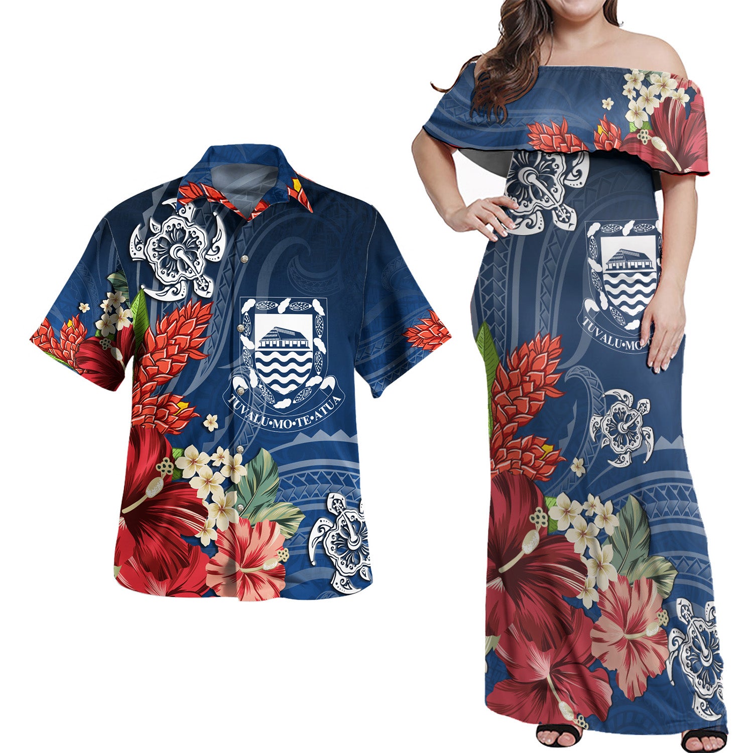 Tuvalu Combo Off Shoulder Long Dress And Shirt  Flower And Turtle