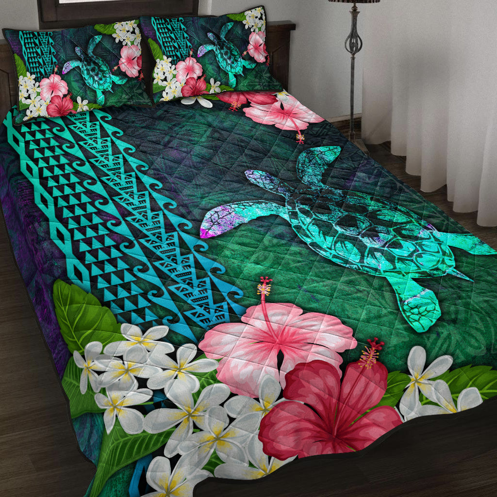 Hawaii Quilt Bed Set Sea Turtle Abstract Background With Tropical Flowers Hibiscus And Plumeria
