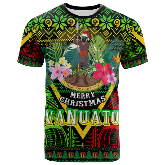 Vanuatu Polynesian Christmas T-Shirt - Custom Vanuatu Coat of Arms Christmas Hat Polynesian Patterns T-Shirt