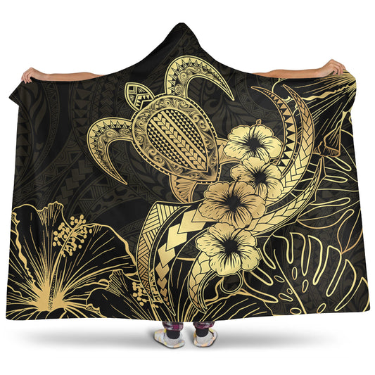 Hawaii Hooded Blanket Tribal Polynesia Floral Gold Art