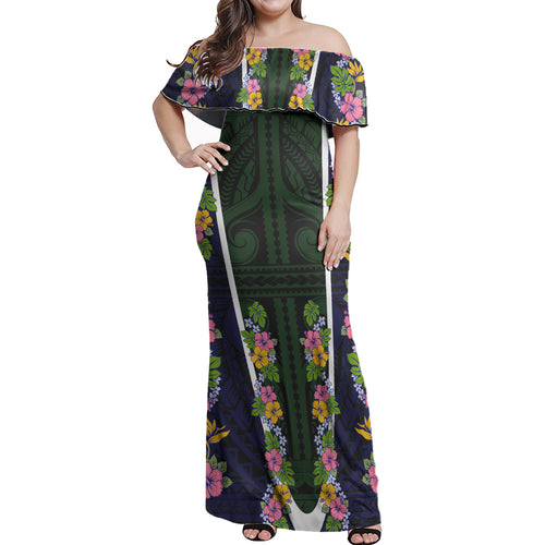 Polynesian Woman Off Shoulder Long Dress - Polynesian Design Pattern 11