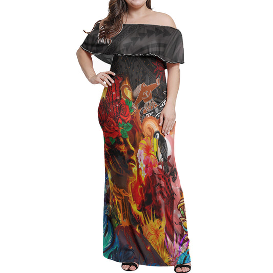 Hawaii Woman Off Shoulder Long Dress - Maui And Pele Create Hawai'i