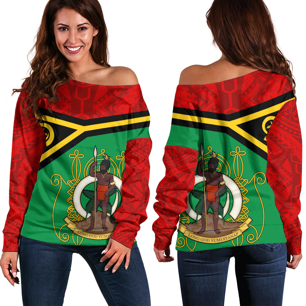 Vanuatu Off Shoulder Sweatshirt Melanesia Flag And Coat Of Arms