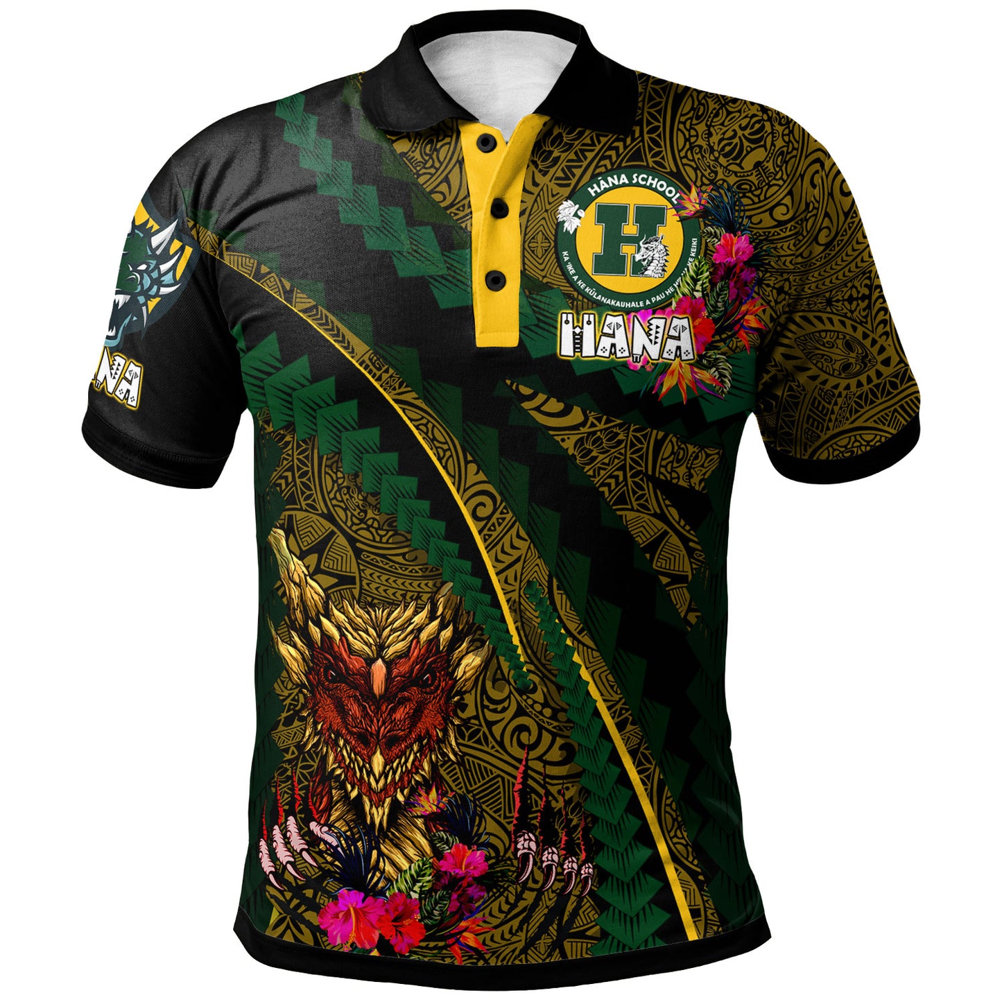 Hawaii Hana High School Custom Polo Shirt - Hana Dragons With Tropical Tribal Pattern Scratch Style