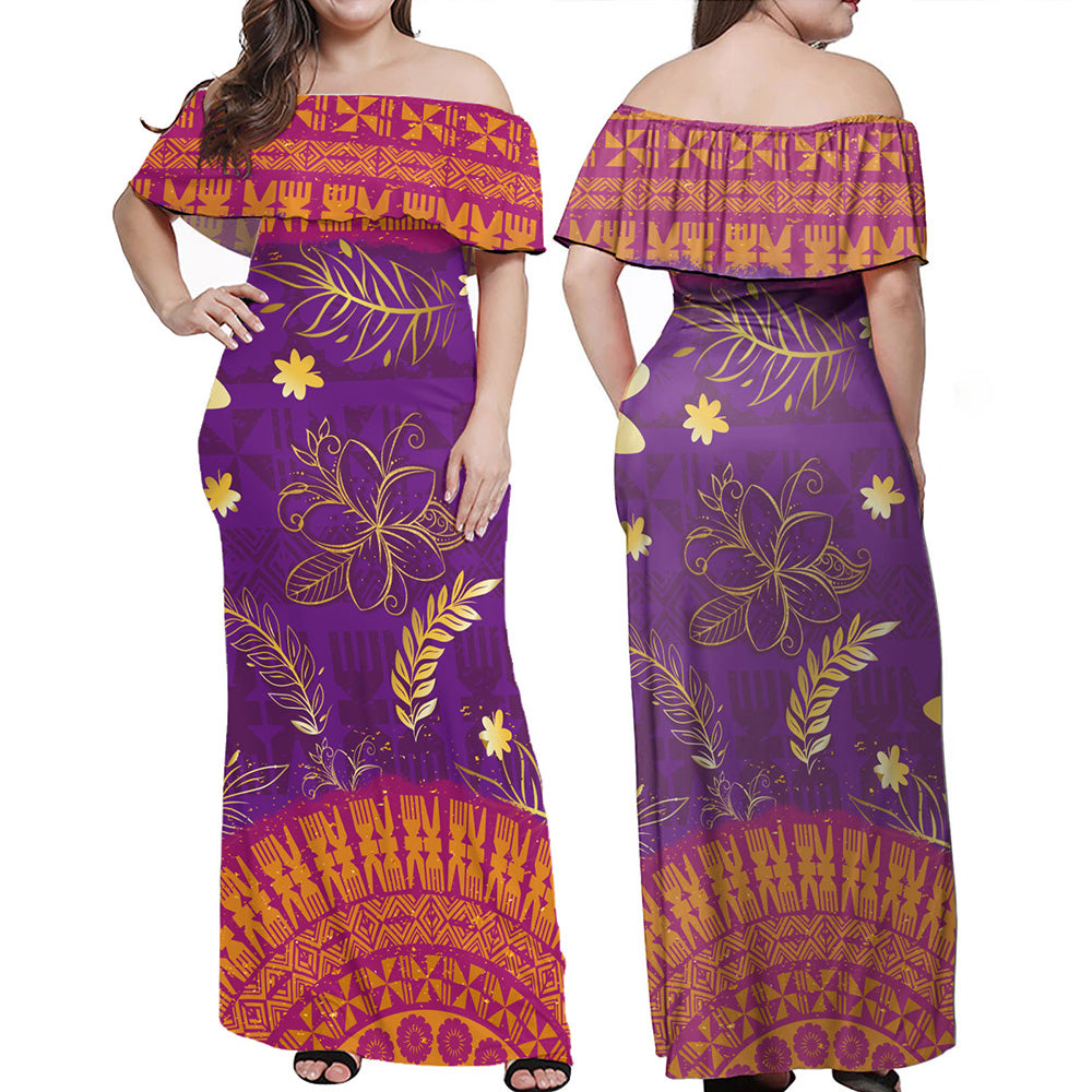 Fiji Woman Off Shoulder Long Dress Fiji Tapa Tropical Plumeria Flowers Bouquet