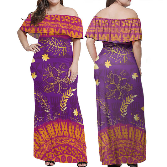 Fiji Woman Off Shoulder Long Dress Fiji Tapa Tropical Plumeria Flowers Bouquet