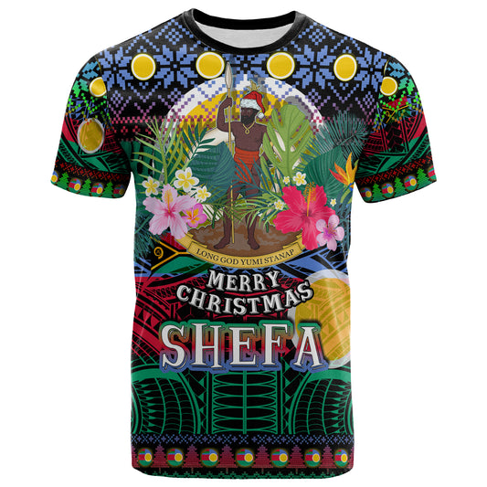 Shefa Polynesian Christmas T-Shirt - Custom Shefa Vanuatu Coat of Arms Christmas Hat Polynesian Patterns T-Shirt