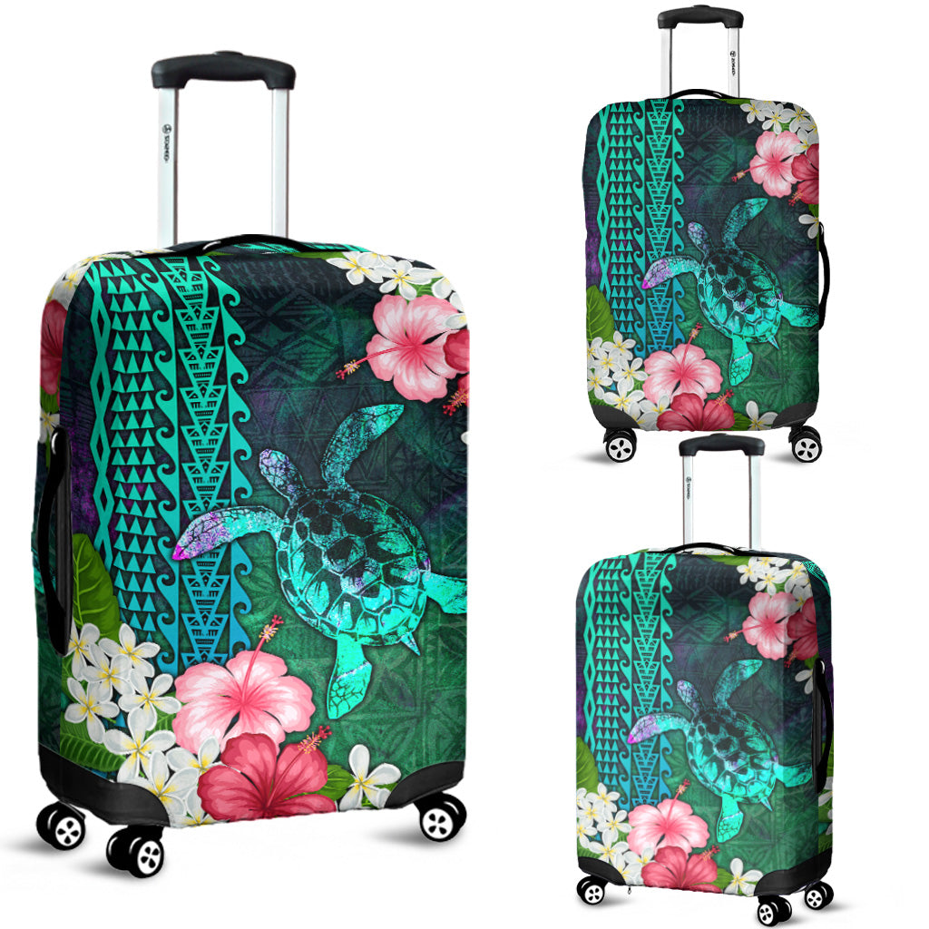 Hawaii Luggage Cover Sea Turtle Abstract Background With Tropical Flowers Hibiscus And Plumeria