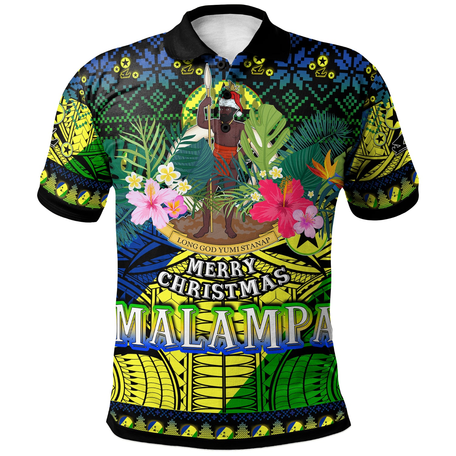 Malampa Polynesian Christmas Polo Shirt - Custom Malampa Vanuatu Coat of Arms Christmas Hat Polynesian Patterns Polo Shirt