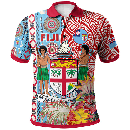 Fiji Polynesian Polo Shirt - Custom Fiji Coat of Arms With Tapa Patterns And Tribal Hibiscus Polo Shirt