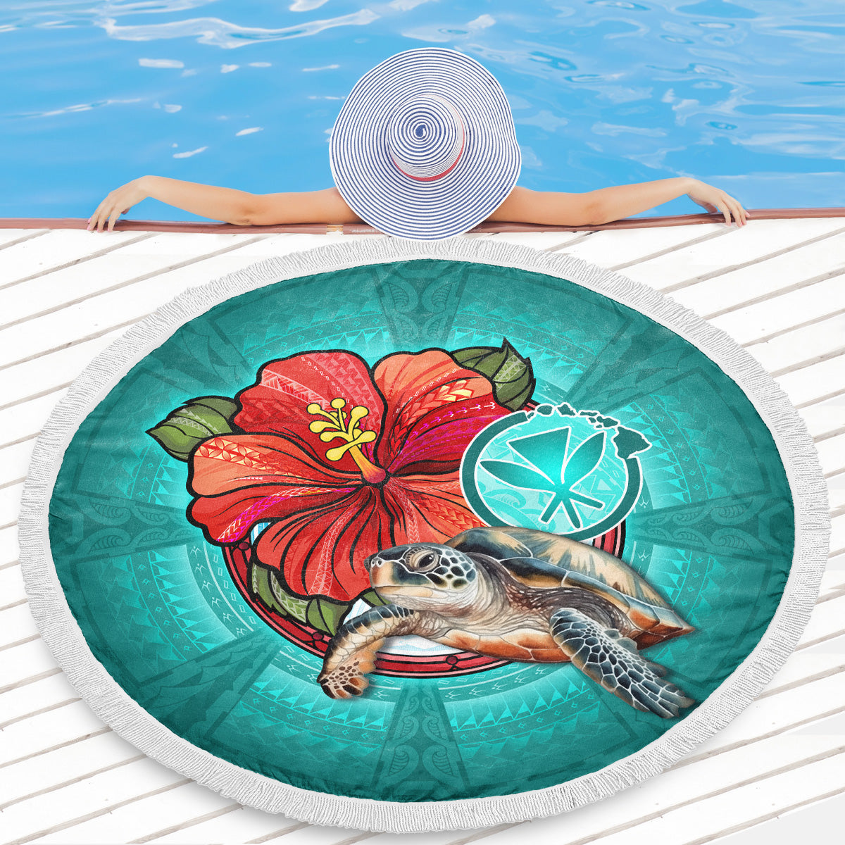 Hawaii Beach Blanket Hawaiian Map Turtle Hibiscus Flowers Polynesian Patterns Style