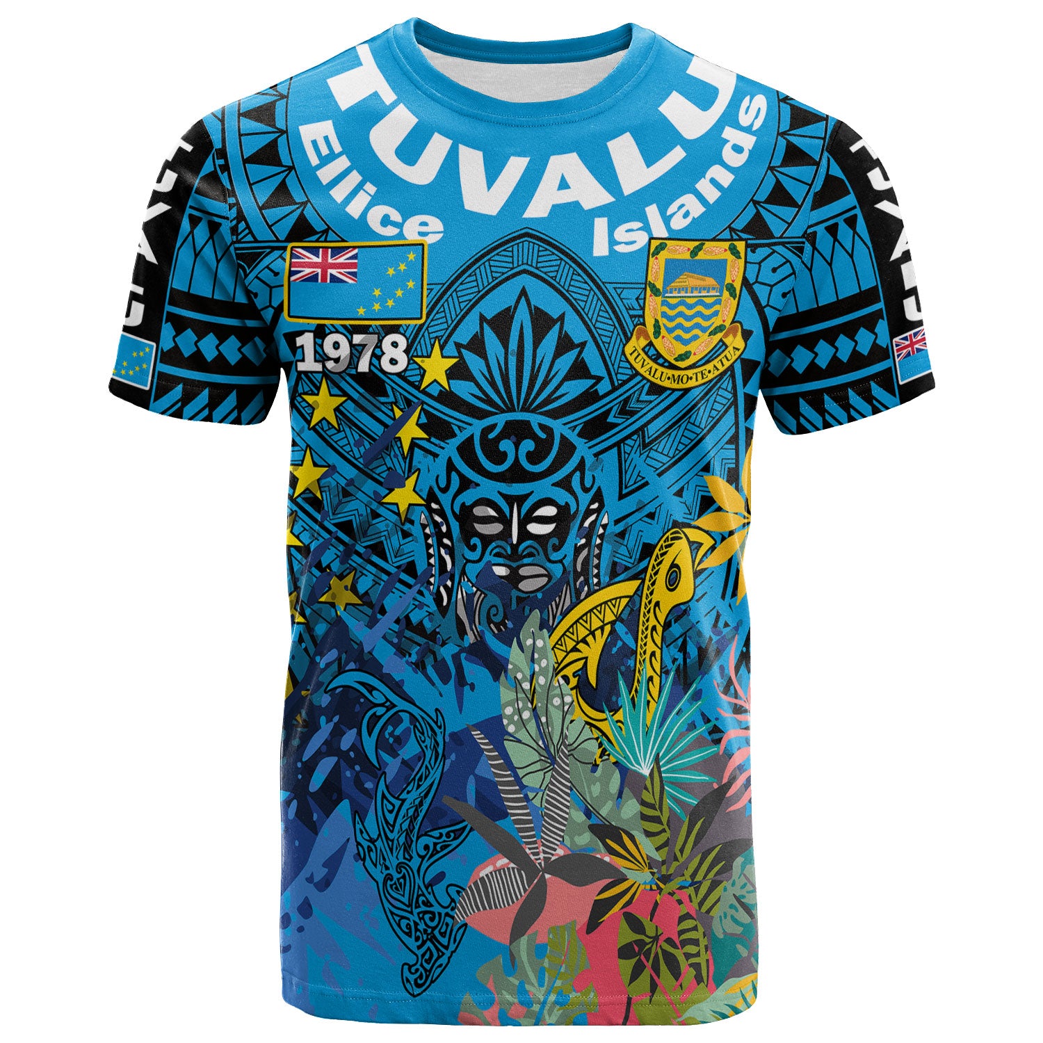 Tuvalu Ellice Islands Polynesian T-shirt - Custom Tuvalu Coat Of Arms With Tropical Flowers And Hei Matau 1978 T-shirt