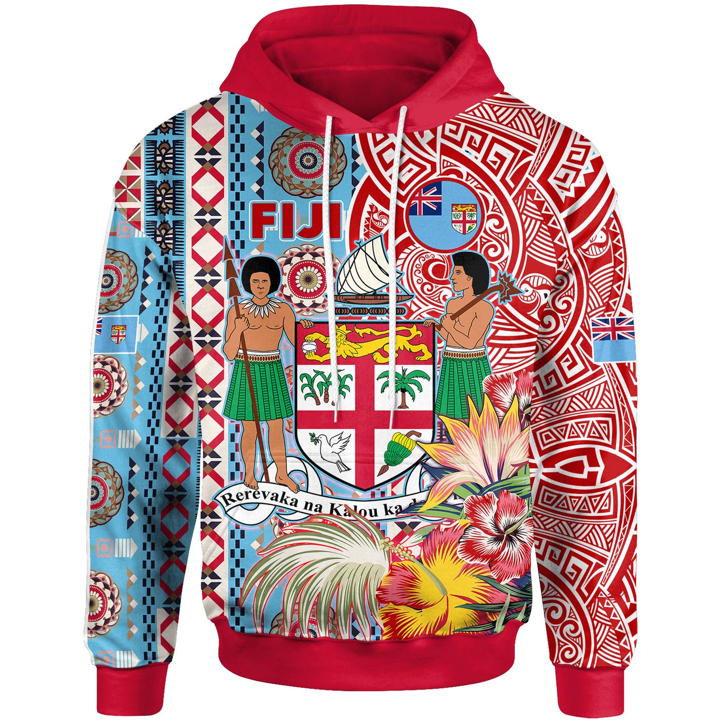 Fiji Polynesian Hoodie - Custom Fiji Coat of Arms With Tapa Patterns And Tribal Hibiscus Hoodie